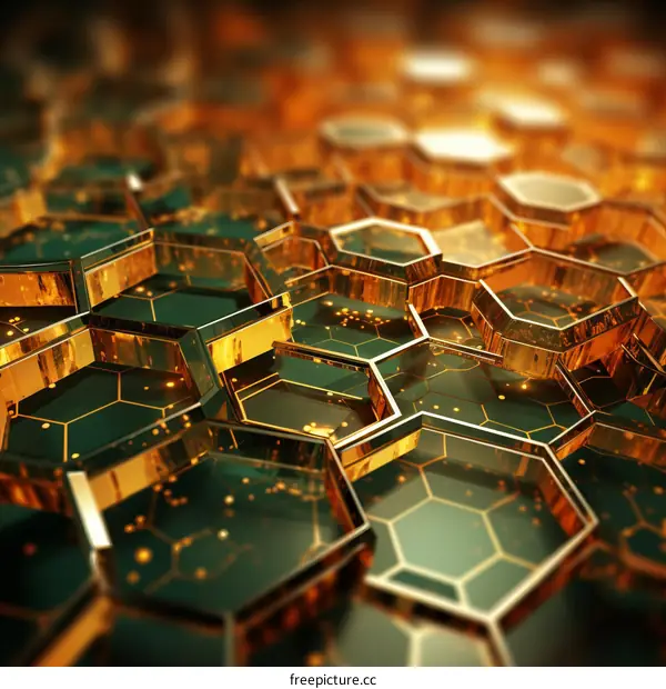 Abstract illustration of green and gold hexagons