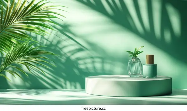 Elegant Green Product Display with Tropical Leaves
