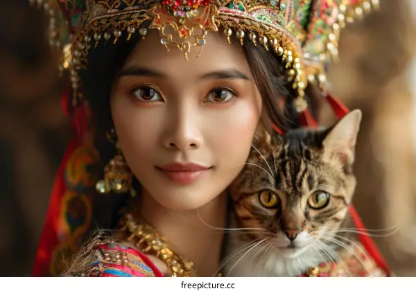 A young woman in traditional Hmong clothing poses with a cat.