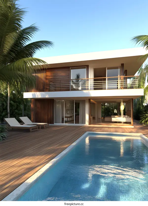 Modern Tropical House with Swimming Pool and Palm Trees