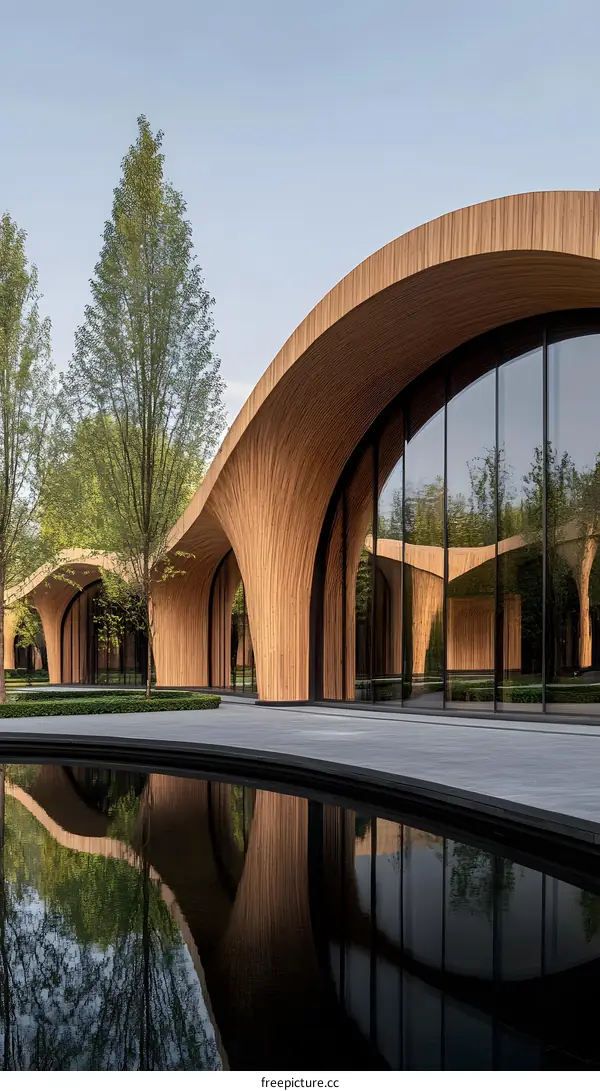 Modern Architectural Design Wooden Structure With Curved Roof And Reflection In Water