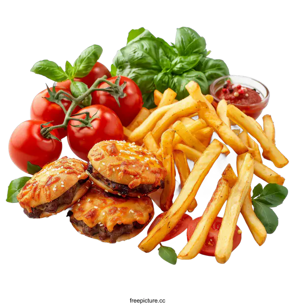 [Transparent Background PNG]Three mini burgers with melting cheese, served with french fries and cherry tomatoes