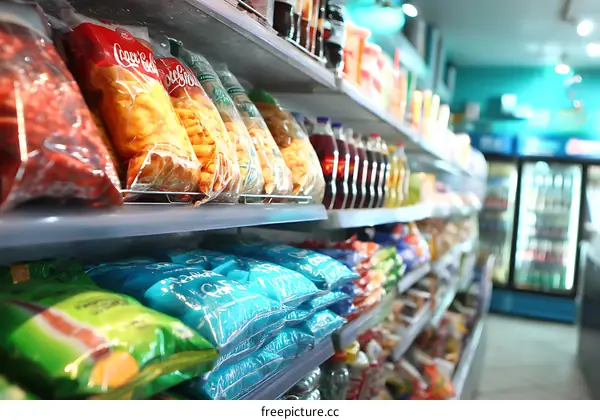 Grocery Store Aisles Filled with Snacks and Beverages