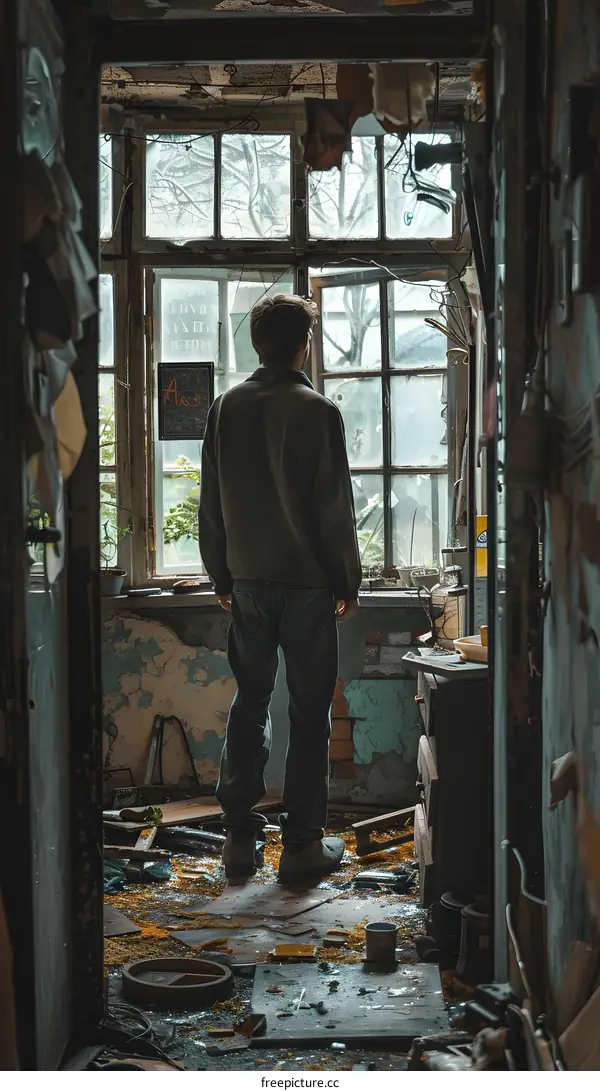 A man standing in a ruined room looking out the window