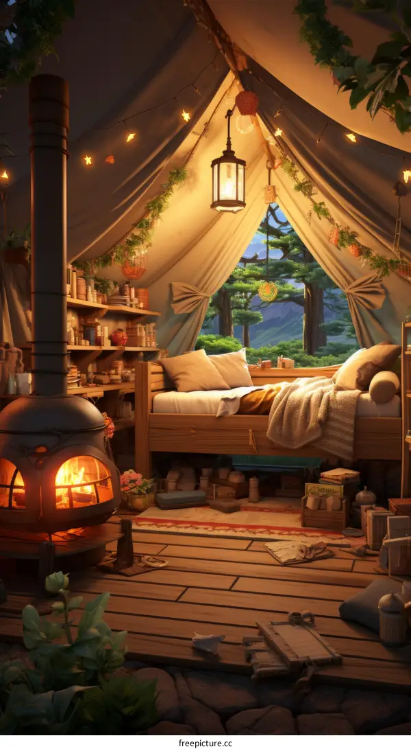 Cozy bedroom interior with a fireplace and a view of the night forest