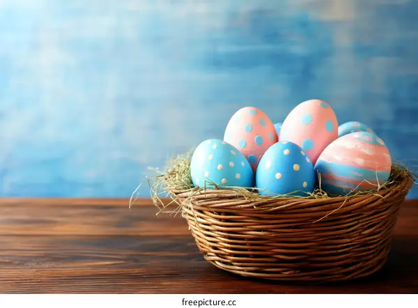Easter Eggs in a Basket on a Wooden Table