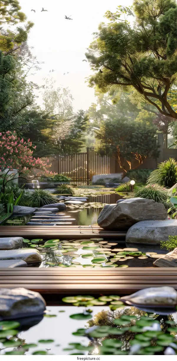 Tranquil Zen Garden with Serene Pond and Wooden Pathway