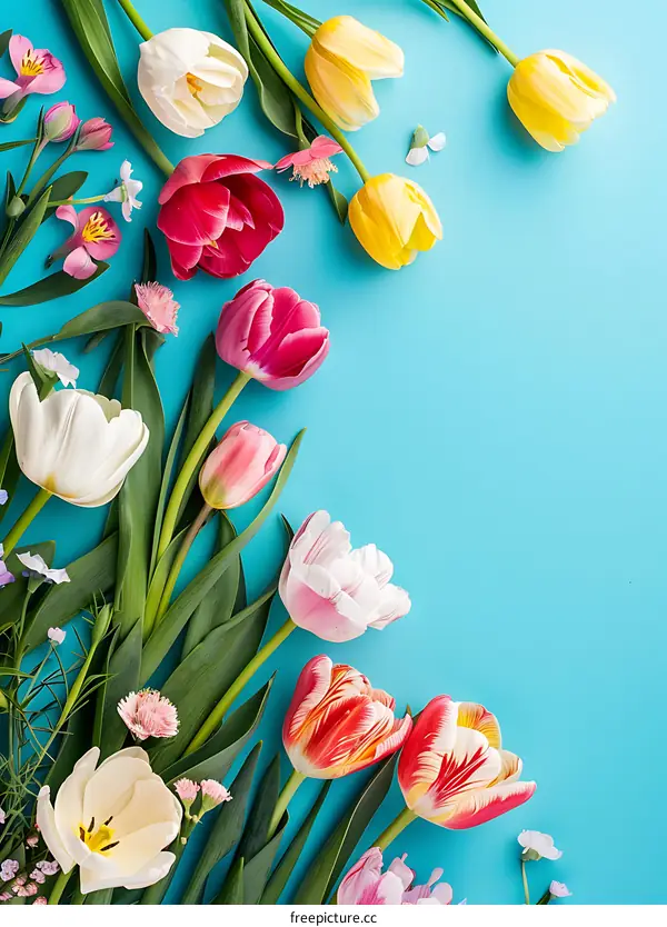 Colorful Tulips and Flowers on Blue Background