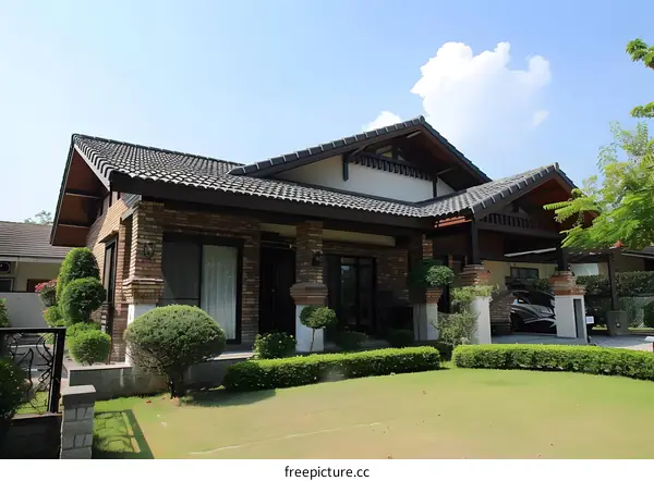 Brick House with a Green Lawn and a Blue Sky