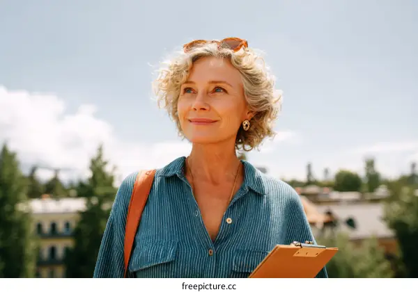 Thoughtful Woman Outdoors with Clipboard