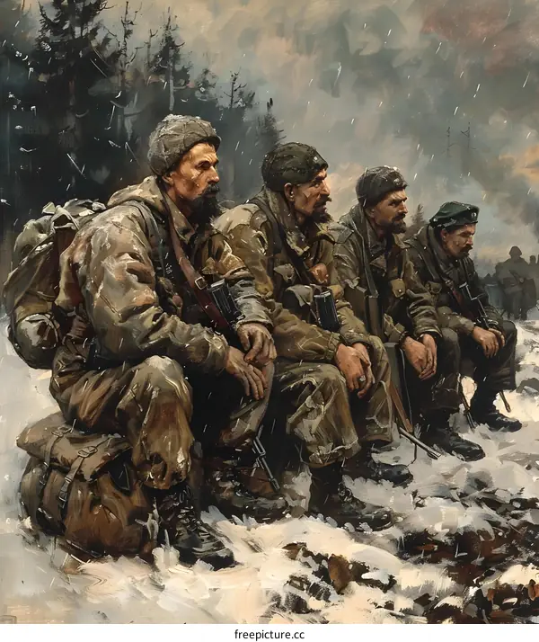 A group of soldiers are sitting on the snowy ground in the forest