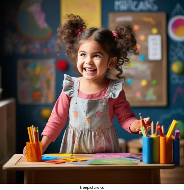 Little girl smiling in front of a blackboard