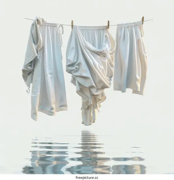White clothes hanging on a clothesline with water below