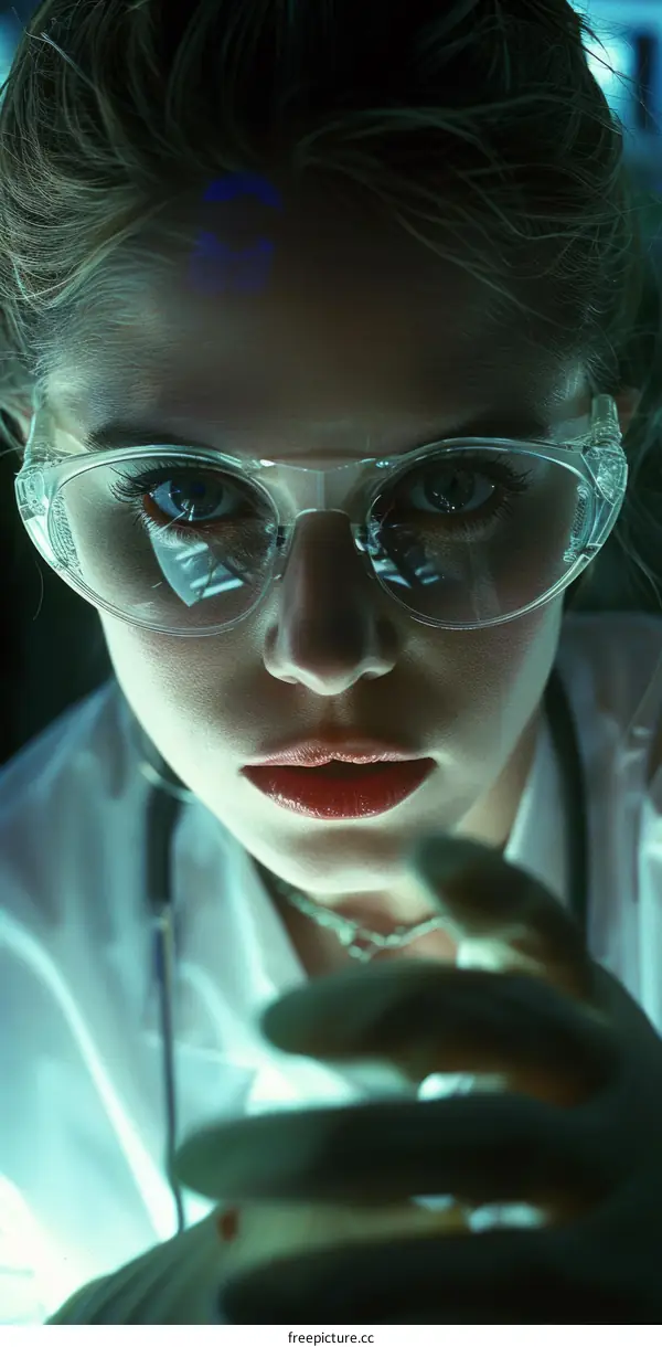 A female scientist wearing safety glasses looks at a petri dish