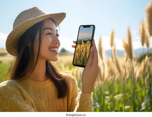 Young Asian Woman Taking a Photo of a Field with Her Smartphone