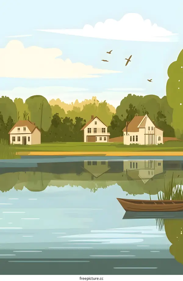 Peaceful Lake House Landscape Illustration