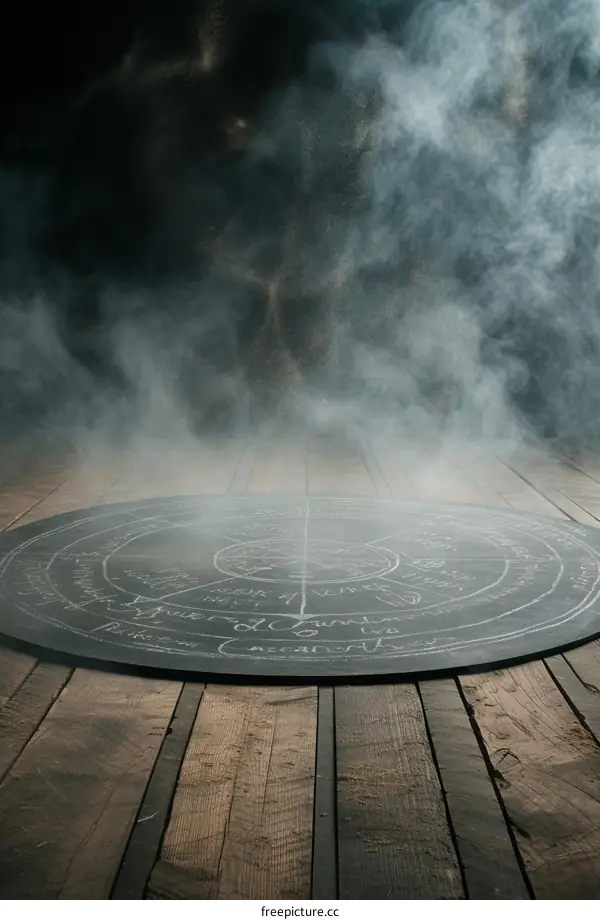 Mystical Chalk Circle on Wooden Floor with Smoke Background