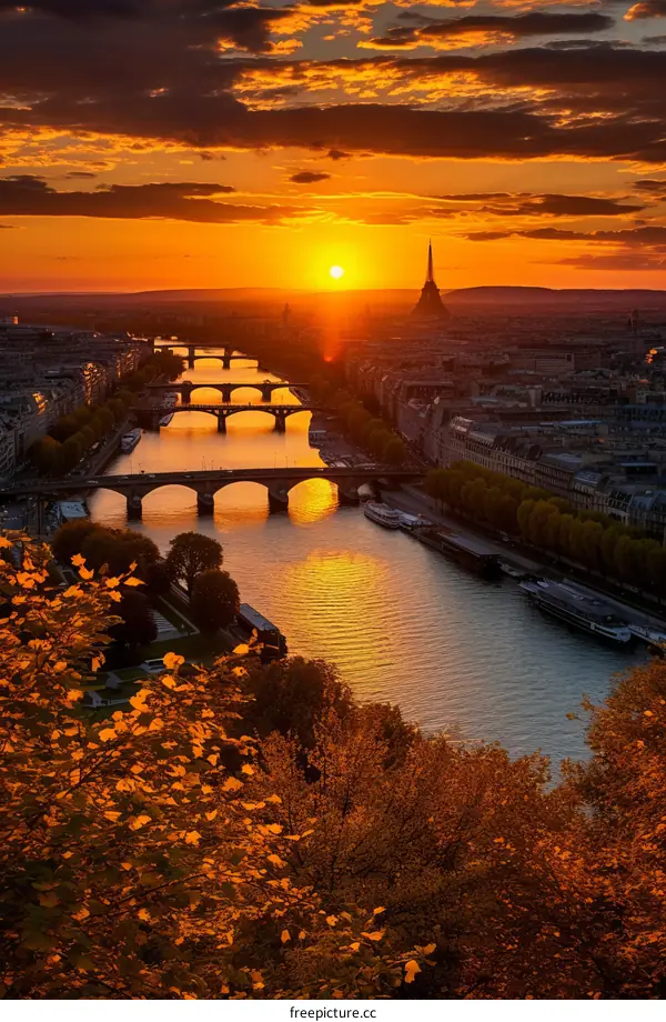 Bridges Over Seine River With Eiffel Tower In Background At Sunset In Paris France