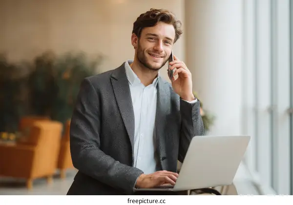 Businessman Working on Laptop and Talking on Phone