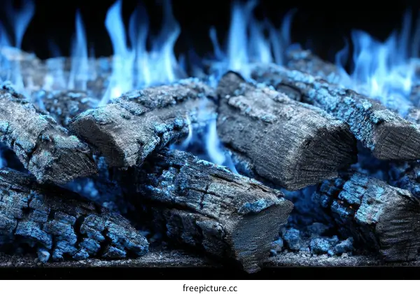 Blue Flame on Burning Logs in a Fireplace