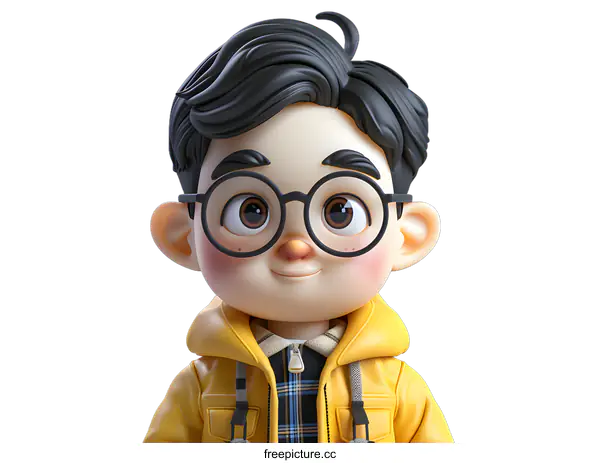 [Transparent Background PNG]A 3D rendering of a young boy with glasses and a yellow jacket