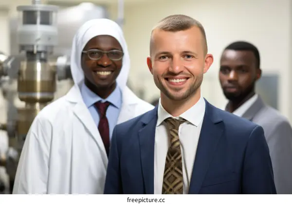 Three people in a factory are posing for a photo. The person in the middle is wearing a suit and tie, and the other two are wearing lab coats.