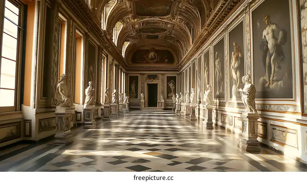Statues and Paintings in a Palace Hallway