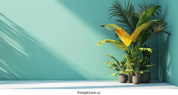 Minimalist Green Wall with Tropical Plants and Sunlight