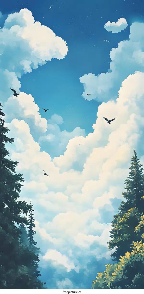 Blue Sky with White Clouds and Trees