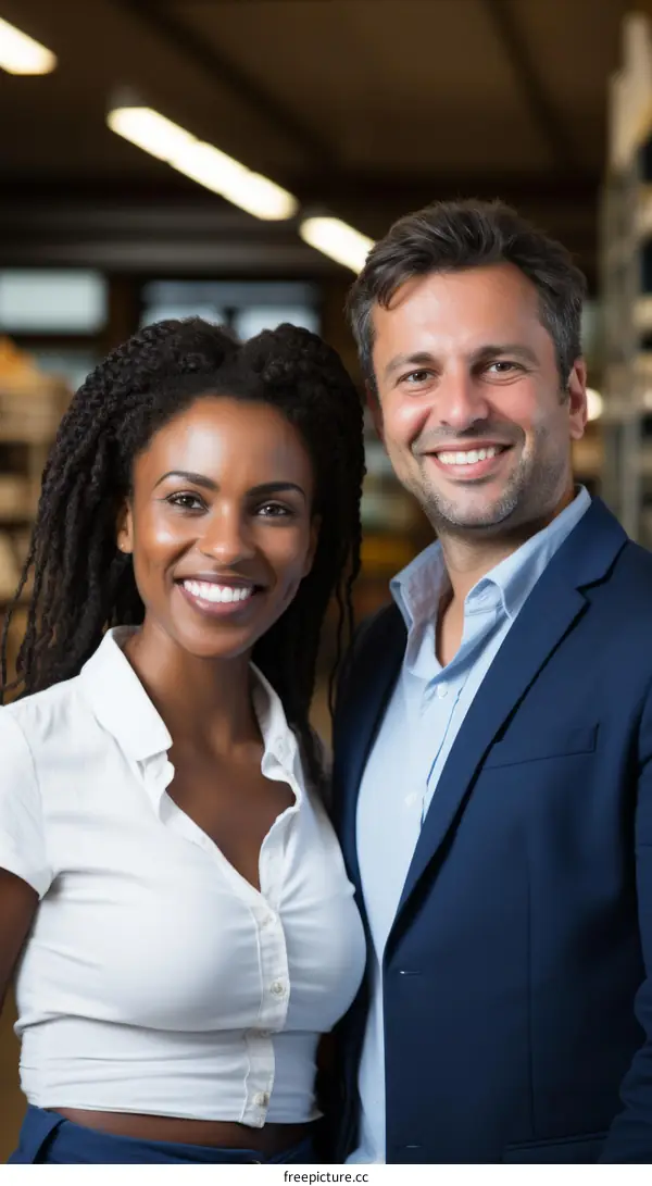 Smiling man and woman standing together