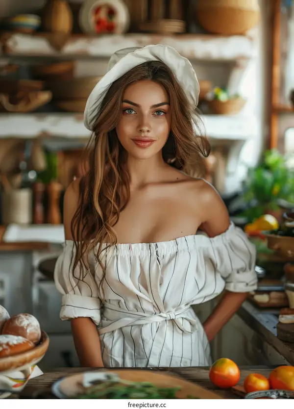 Portrait of a Smiling Young Woman in a White Dress and Hat in the Kitchen