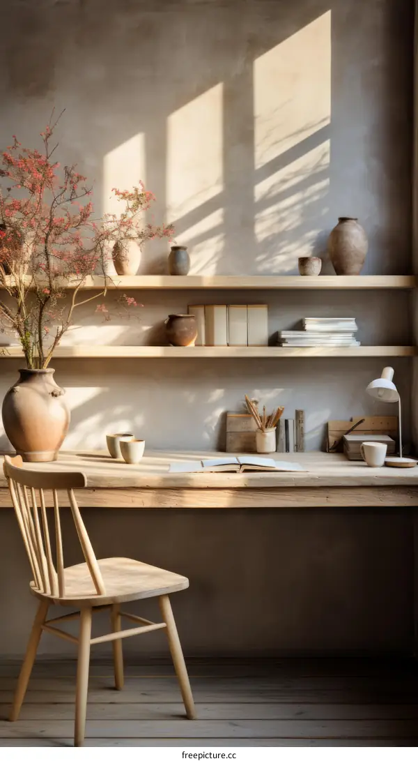Wooden Desk with Flowers, Books, and Lamp