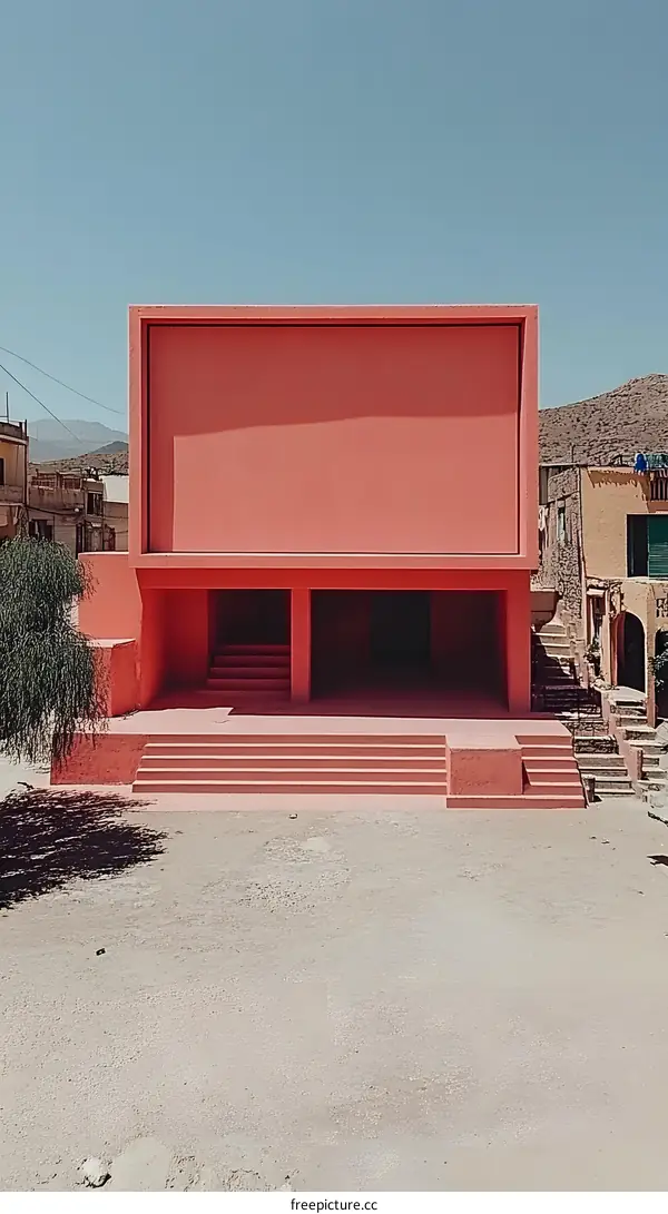 Modern Red Building in Desert Landscape