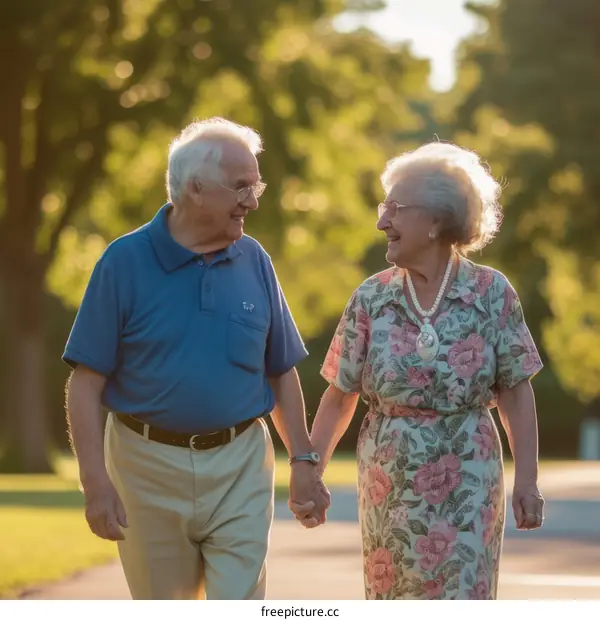 Happy elderly couple holding hands and smiling at each other