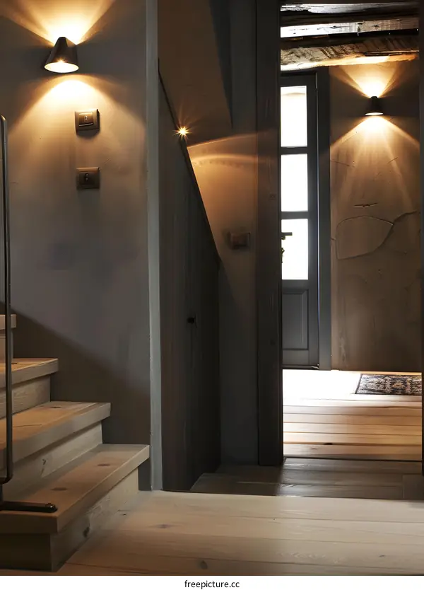 Wooden Staircase and Doorway in a Modern Home