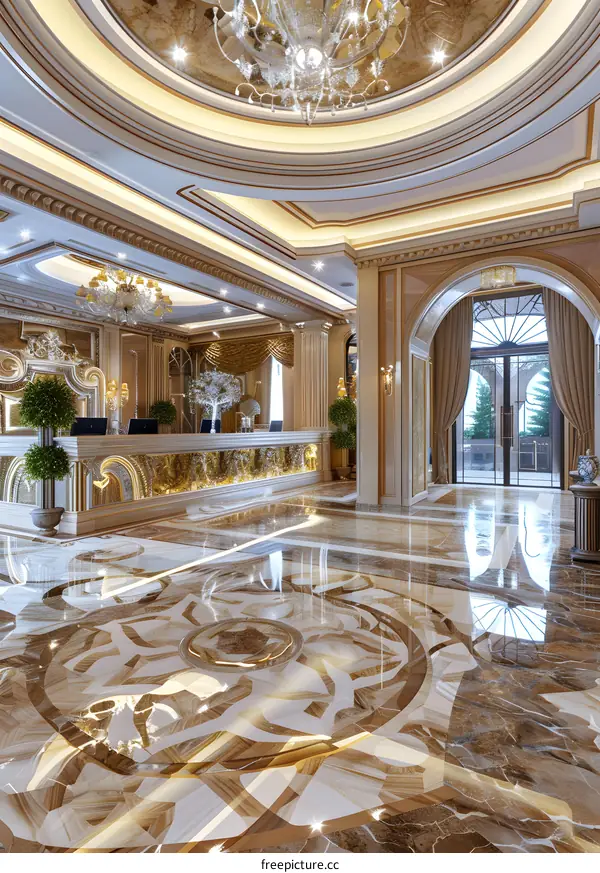 Luxury Hotel Lobby Interior Design With Marble Floor And Chandelier