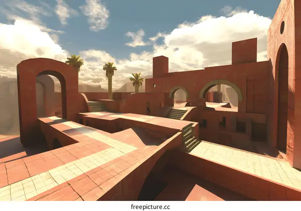 3D Render of a Red Brick City in a Desert
