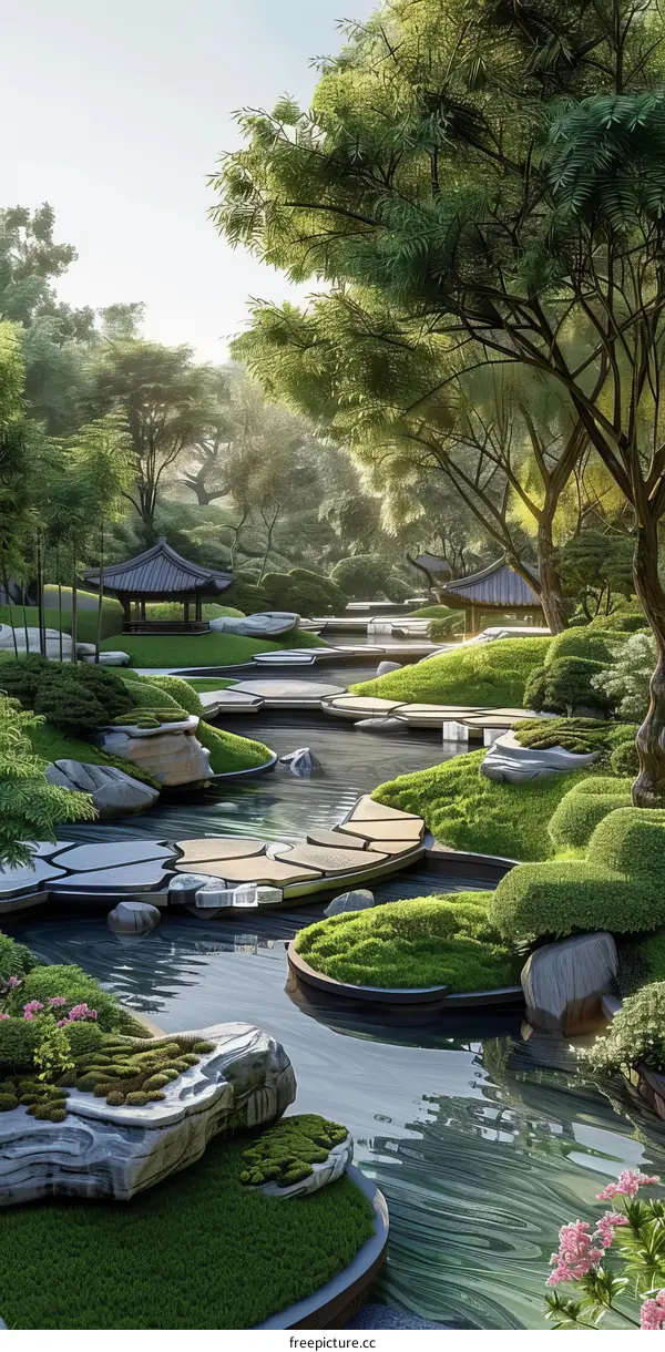 A Serene Courtyard with a Pond and a Bridge