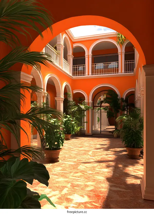 Spanish Colonial Style Courtyard with Arched Walkways