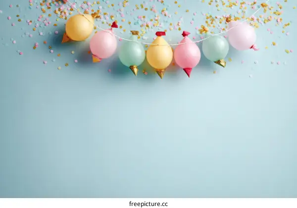 Colorful Balloons and Confetti on a Light Blue Background
