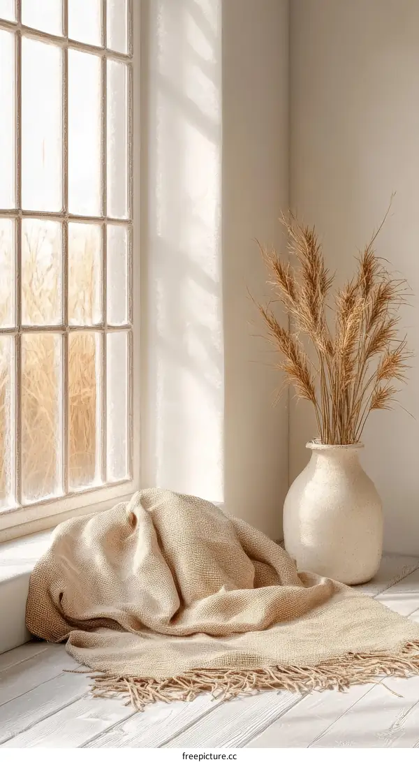 Cozy Corner with Beige Blanket and Dried Flowers by the Window