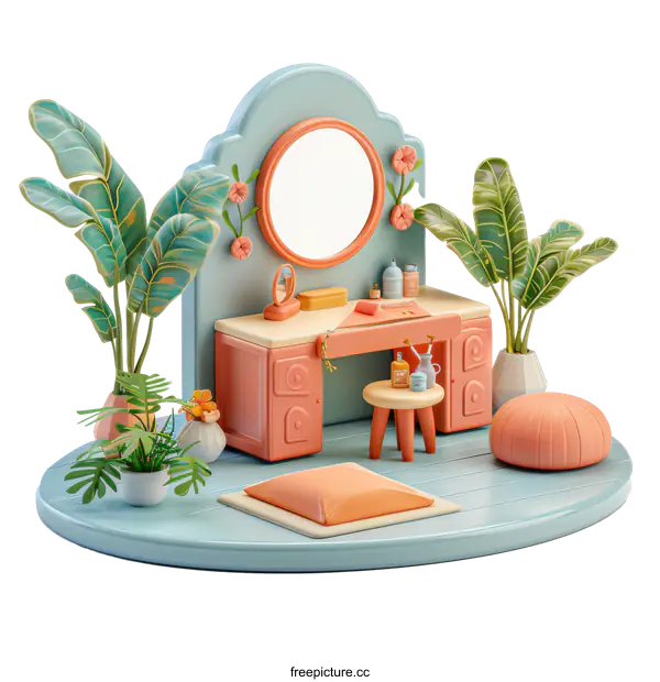 [Transparent Background PNG]Dressing table with mirror and plants