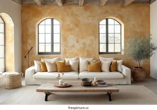 Rustic Living Room Interior Design with Beige Sofa
