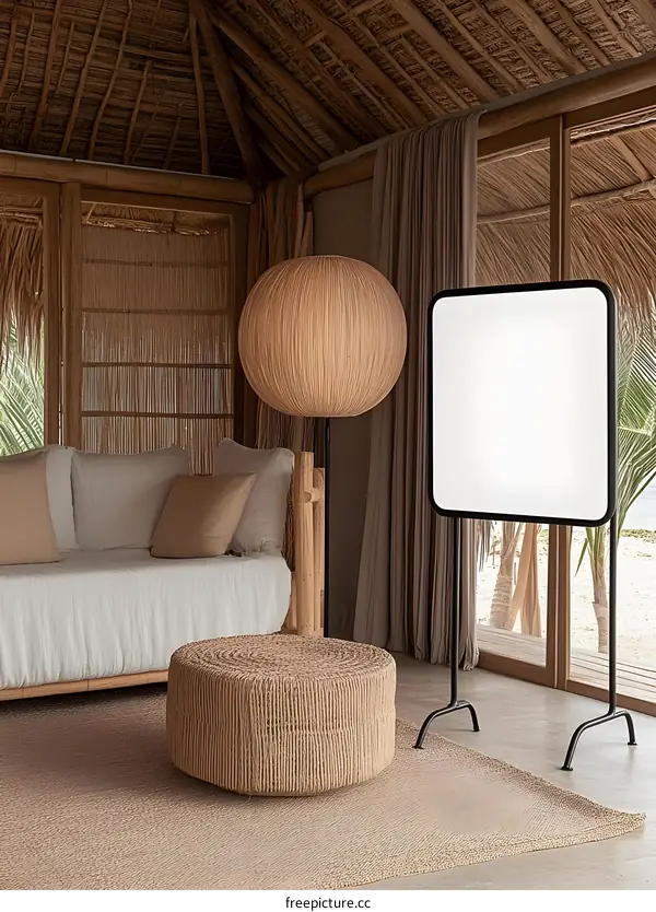 Rattan Woven Floor Lamp and Ottoman in a Modern Tropical Home