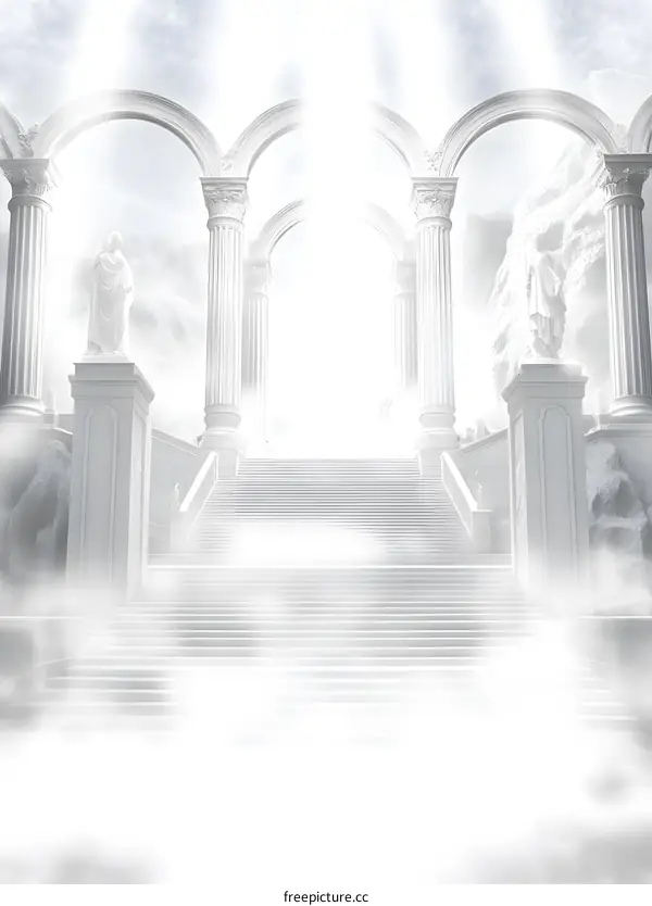 White Staircase Leading to Heaven with Archways and Statues