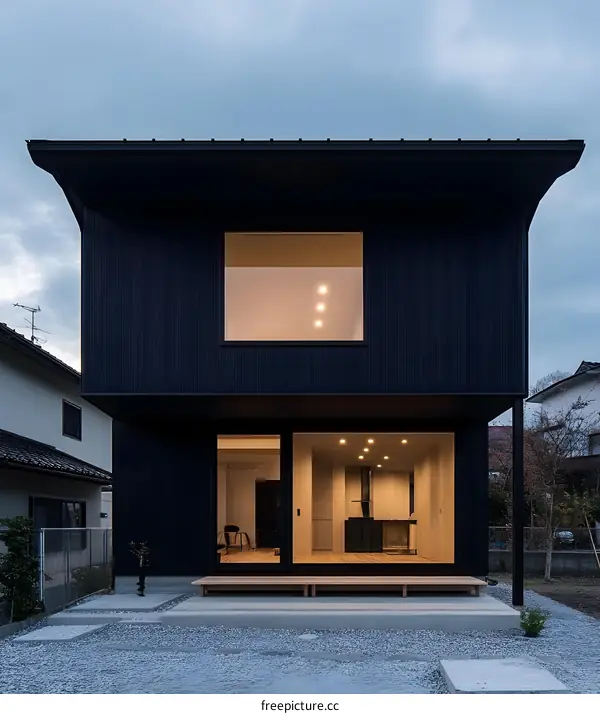 Modern Black House with Large Windows and Wooden Deck