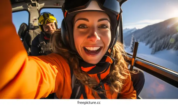 Two friends take a selfie in a helicopter