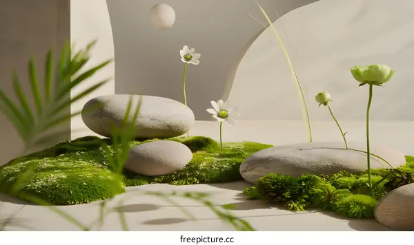 Minimalist Still Life with Green Moss Stones and Flowers