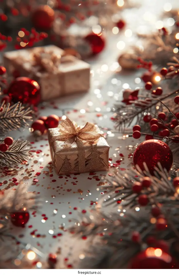 Christmas presents with red and gold ornaments