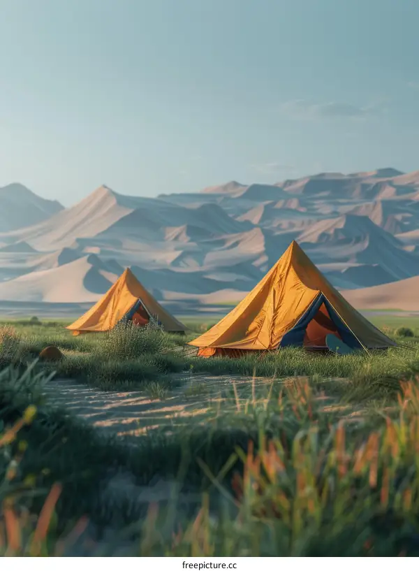 Two yellow tents in the middle of a desert with large sand dunes in the background